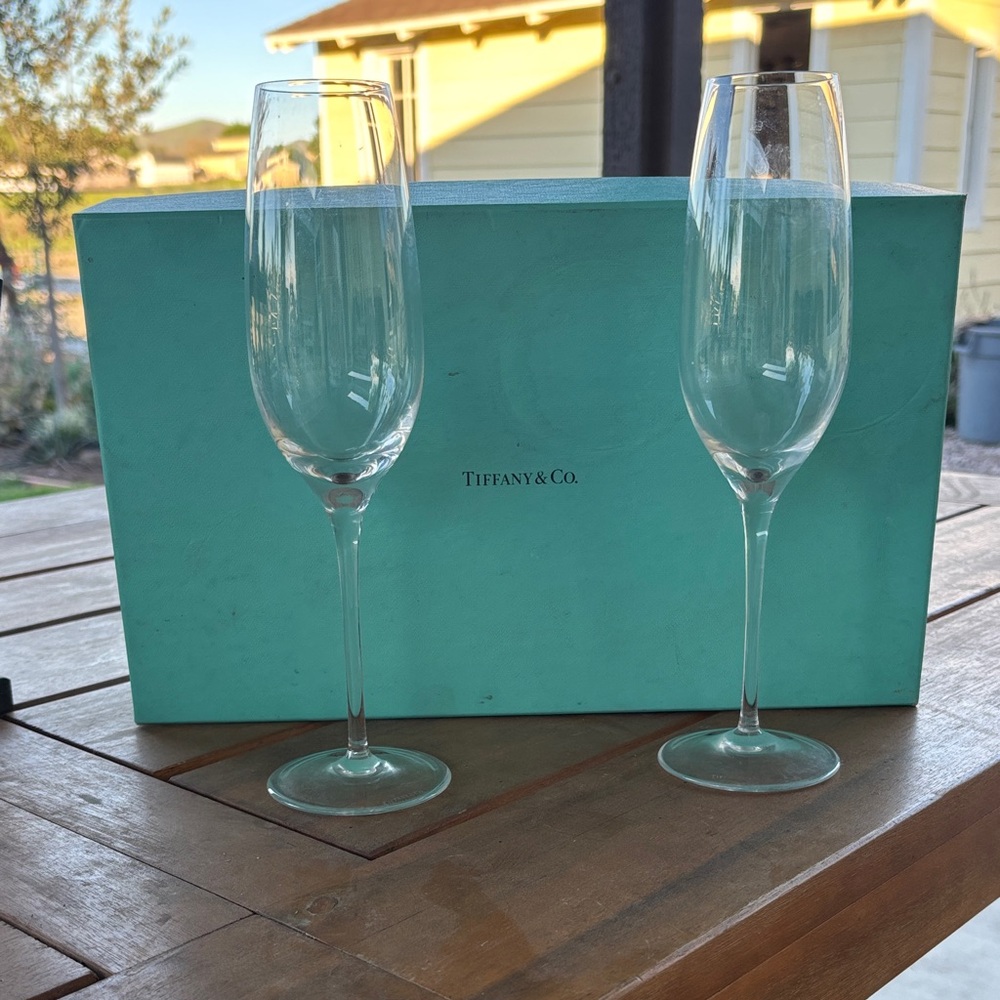 Tiffany & Co. Crystal Champagne Flutes with Blue Box